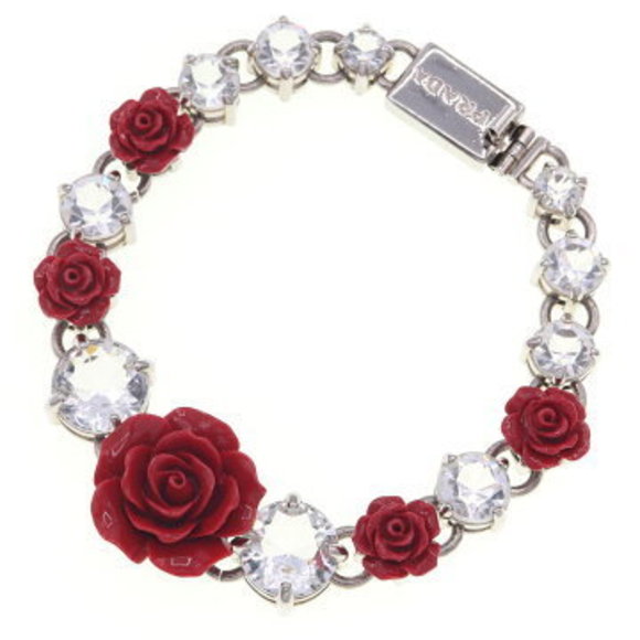 Prada Rose Pink Bracelet Red Crystals Stone Bejeweled Flower Bangle - Picture 1 of 6